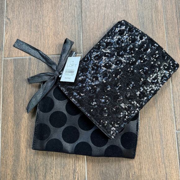 2 Piece Zippered Sequin Bags Polka Dots NEW LOFT Black Makeup Bag Set - Picture 1 of 7